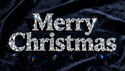 Sparkling faceted letters spelling Merry Christmas glinting on dark velvet, casting rainbow flares