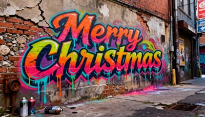 Displaying Merry Christmas graffiti mural covering worn brick wall at urban alley, with spray cans