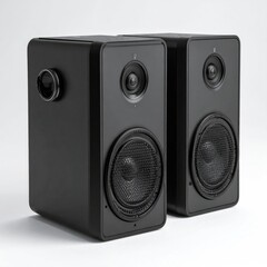 Fototapeta premium Two black speakers with rounded edges, neutral lighting
