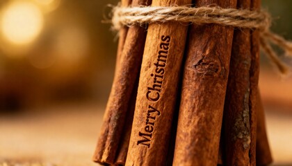 Displaying cinnamon bundle tied with twine, showing Merry Christmas engraving on kitchen table