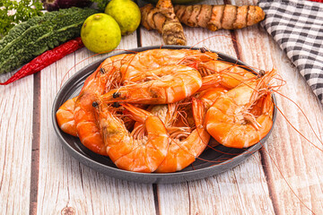 Tasty hot big boiled prawns