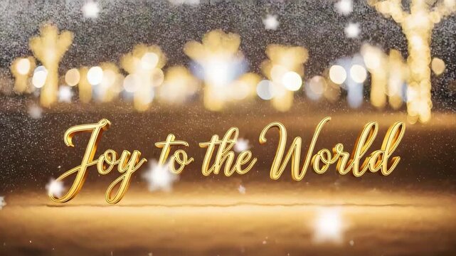 Joy to the World golden text with falling snow. Festive Christmas animation with warm bokeh lights background