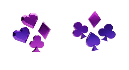 Perfectly rendered 3d metallic card suits dynamically floating, exhibiting a reflective purple-violet chrome sheen against a transparent void with copy space concept for luxury gaming and excitement
