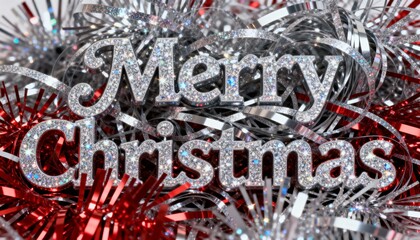 Shimmering Merry Christmas sign sparkling on tabletop, with silver curled ribbon and red tinsel