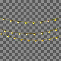 String of warm yellow glowing christmas lights on transparent background