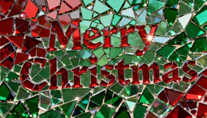 Displaying Merry Christmas red letters on mosaic closeup with green, mirrors, grout, star glints