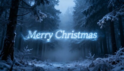 Glowing blue Merry Christmas text hovering above snowy conifer clearing, lighting frosted branches