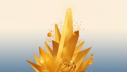 Shining gold crystal cluster rising at center in studio backdrop, with faceted spikes and spheres