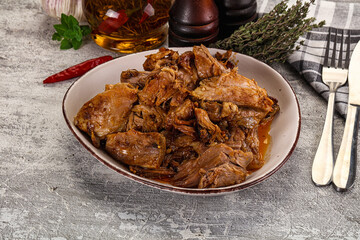 Shredded slow cooked pork meat