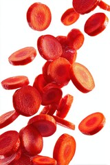 Falling vibrant red carrot slices isolated on a pure white background, showcasing fresh, healthy, and organic raw root vegetable ingredients in dynamic motion for diet and nutrition.