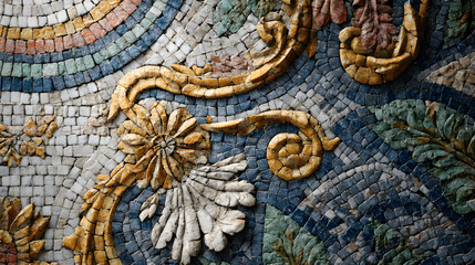Fototapeta premium Intricate floral stone mosaic wall detail, baroque style, textured background, art nouveau, decorative element 
