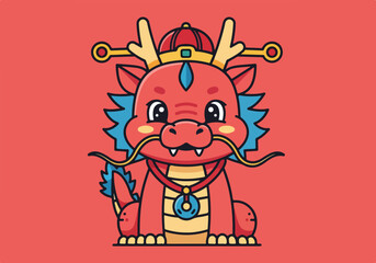 Flat Cute Baby Dragon Character with Chinese Traditional Accessories