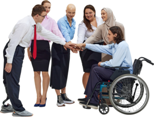 Business team uniting hands in teamwork gesture on transparent background. Concept of inclusive leadership, HR onboarding assets, partnership culture, and internal communication visuals.