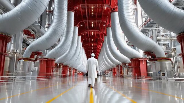 Industrial Mastery: A solitary figure, clad in protective gear, strides purposefully through an expansive industrial facility.