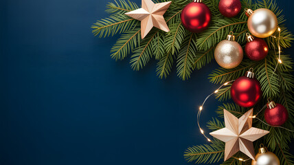 Christmas border with ornaments and pine branches on dark blue background
