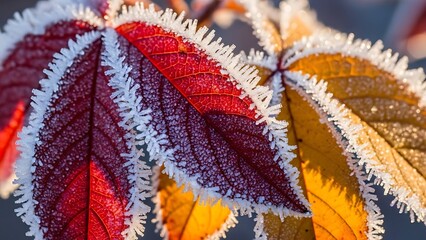 Stunning frost crystals outline vibrant autumn leaves close up