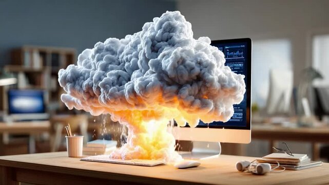 Explosive Code: A computer on a desk is at the center of a large explosion with a large cloud of smoke, which symbolizes the rapid development of programming with chaos. 