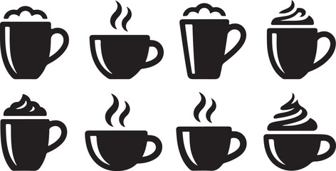 Eight black silhouette coffee and hot drink mugs with steam and whipped cream on a white background coffee cup
