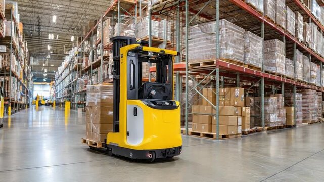 Warehouse Logistics in Action: Capturing the heart of logistics, a vibrant forklift navigates through a spacious warehouse, efficiently managing inventory amidst neatly organized goods.