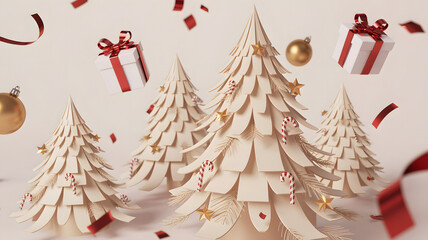 Paper style christmas trees with floating gifts and festive decorations
