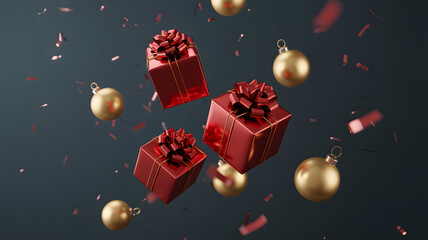 Floating red christmas gifts with golden ornaments and festive confetti
