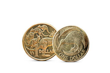 Australian Dollar Coin Next to New Zealand Dollar Coin