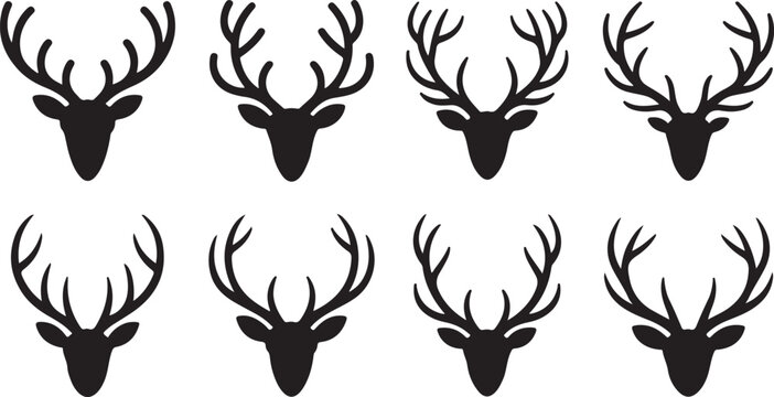 Eight Black Silhouette Deer Heads with Antlers Facing Forward on a White Background Keywords: deer, stag, head, antlers, silhouette, black, white background, animal, wildlife, nature, mammal