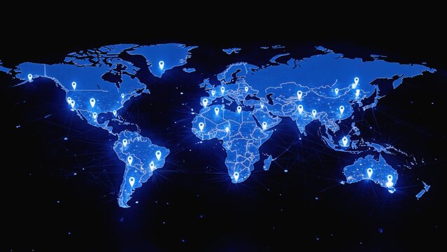 Blue glowing digital world map with location pins global connection, data networks, technology communication, international relations, and worldwide digital infrastructure linking countries together. - Powered by Adobe