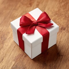 Obraz premium Elegant white gift box with bold red bow, minimalist studio setup
