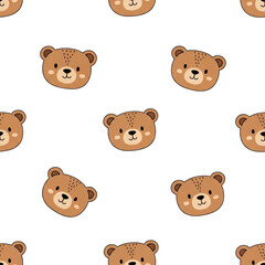 repeating pattern of warm brown teddy bear faces with button eyes and stitched smiles, flat 2d vector art on a solid white background. concept for nursery decoration