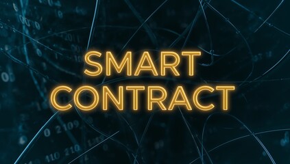 Glowing neon SMART CONTRACT text hovering in digital network, displaying numeric code and strands