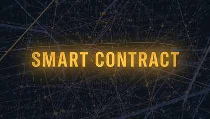 Glowing centered SMART CONTRACT text lighting network backdrop, casting yellow glow on nodes, code