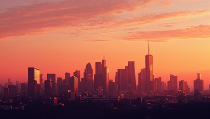 Fototapeta premium Glowing city skyline stretching across downtown at sunset, with spire-topped tower reflecting light