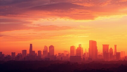 Fototapeta premium Glowing city skyline silhouette spanning horizon with sun near horizon, skyscrapers, treeline haze