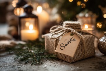 Rustic Secret Santa gift with burlap wrapping and warm holiday lights
