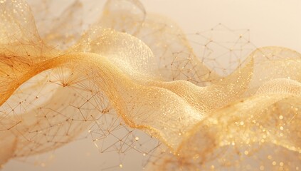 Obraz premium Shimmering golden mesh ribbon undulating across warm beige gradient, with filament lines, sparkles
