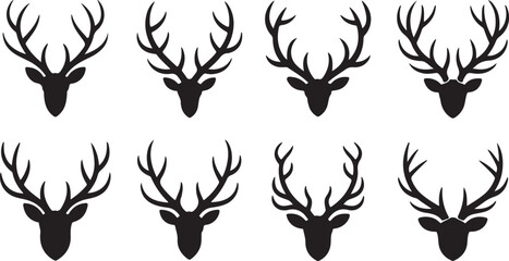 Obraz premium Eight Black Silhouette Deer Heads with Antlers Facing Forward on a White Background Keywords: deer, stag, head, antlers, silhouette, black, white background, animal, wildlife, nature, mammal