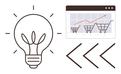 Lightbulb representing innovation beside a rising sales graph with shopping carts. Ideal for business, e-commerce, creativity, marketing, growth strategy, innovation, entrepreneurship. Simple flat