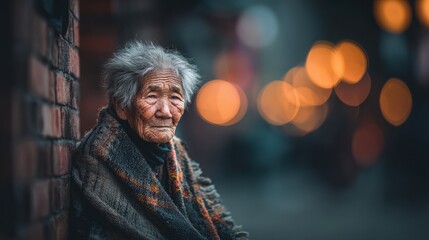 Elderly Asian man wrapped in a worn blanket sits against a brick wall, soft Christmas lights glowing in the background, evoking warmth and solitude in a cool evening atmosphere