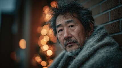 Elderly Asian man wrapped in a worn blanket sits against a brick wall, surrounded by softly glowing Christmas lights, evoking warmth and solitude in a cool evening atmosphere