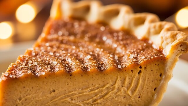 Delicious pumpkin pie slice with sugared crust close up