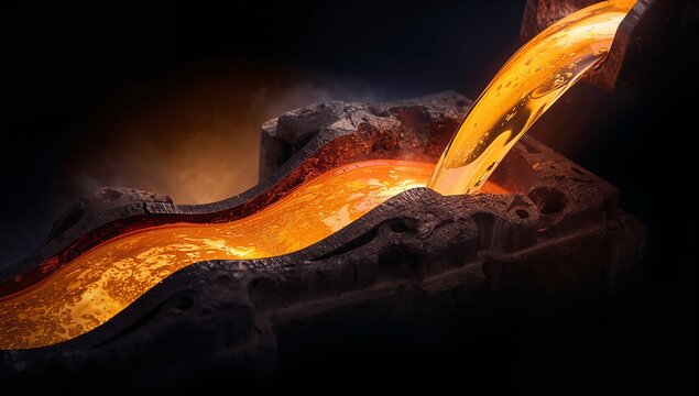 Pouring molten metal stream into curved refractory mold at foundry, with ladle, slag, steam