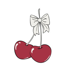 Red Cherries with Cute Bow Hand-drawn vector Coquette aesthetic bow ribbon in pink, red, and white. Perfect decorative elements for vintage fashion, gift wrap, and feminine designs.