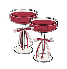 Coquette Cocktail Champagne Glass with Pink Bow Whimsical Girlish Vector Illustration. Elegant Trendy Romantic Style