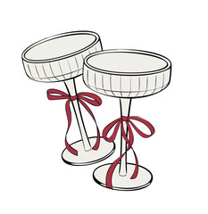 Coquette Cocktail Champagne Glass with Pink Bow Whimsical Girlish Vector Illustration. Elegant Trendy Romantic Style