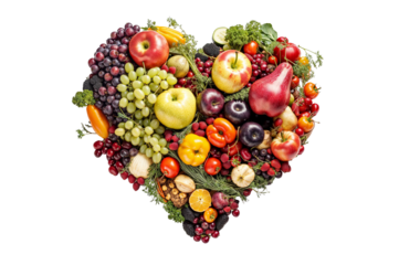 Arranged fruits in a heart shape isolated for decoration or display during a food event. Healthy eating concept