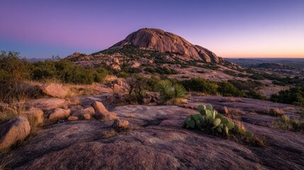 Enchanted Rock at twilight: pink granite dome bathed in warm sunset light over rugged desert foreground