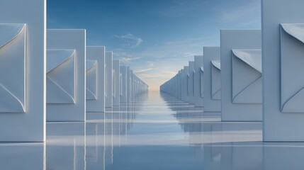 Endless rows of envelopes receding into the distance in a glossy digital art scene