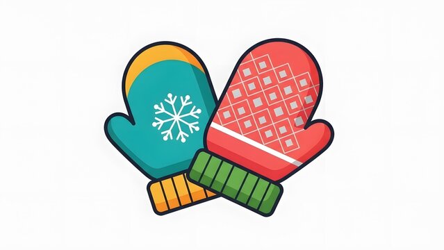 Pair of colorful cartoon mittens with snowflake and geometric pattern