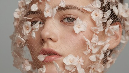 Framing close-up woman portrait, revealing floral mesh veil across face in studio, with dewy makeup